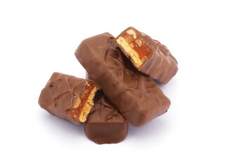 Chocolate bar isolated on white background. Delicious chocolate and caramel bar.