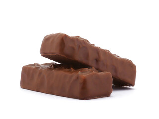 Chocolate bar isolated on white background. Delicious chocolate and caramel bar.