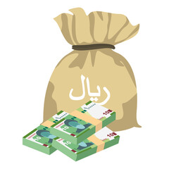 Iranian Rial Vector Illustration. Iran, Afghanistan, Hajj, Syria money set bundle banknotes. Money bag 100000 IRR. Flat style. Isolated on white background. Simple minimal design.