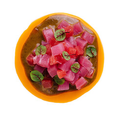 tuna tartare with micro beetroot leaves