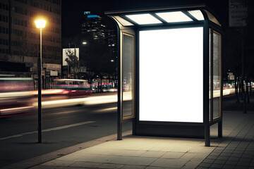 Blank white mock up of vertical light box in a bus stop at night. Ai generative