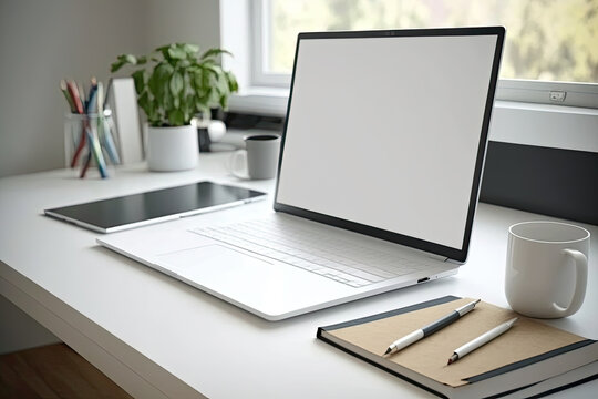 Laptop with blank screen on white table with mouse and smartphone. Home interior or office background. Ai generative