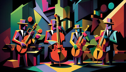 Afro-American New Orleans acoustic male jazz band musicians playing in an abstract cubist style painting for a poster or flyer, computer Generative AI stock illustration - obrazy, fototapety, plakaty