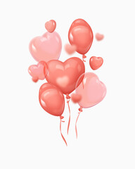 Bouquet, bunch of realistic red balloons, hearts, ribbons. Vector illustration for Valentine's Day, card, party, design, flyer, poster, decor, banner, web, advertising. 