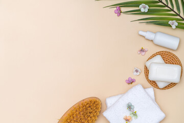 Spa cosmetic products concept. Spa background with space for text. Flat lay, top view