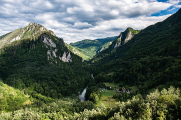 Fototapeta na wymiar Tara river canyon between high mountain. Canyon is a largest and deepest canyon in Europe. View from Djurdjevica Tara bridge in northern Montenegro.