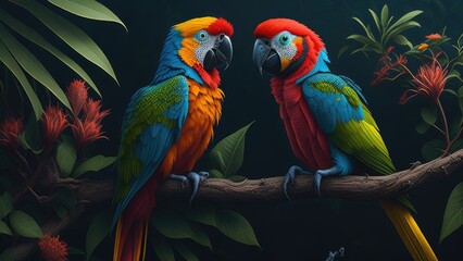 Illustration of a tropical rainforest with parrots