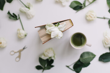 Floral pattern of white flowers and petals, green leaves on a white background. Beautiful elegant luxurious composition with white roses. Top view. Minimal art. Florist, flowers delivery concept