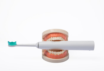 Electronic ultrasonic toothbrush and jaw model isolated on white background. Dental concept. Oral care. Caries prevention.