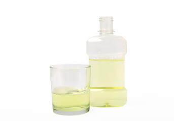 Mouthwash isolated on white background. Fresh breath. Prevention of caries. Dentistry concept.