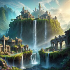 A fantasy city, in the mountains, with cascading waterfalls. 