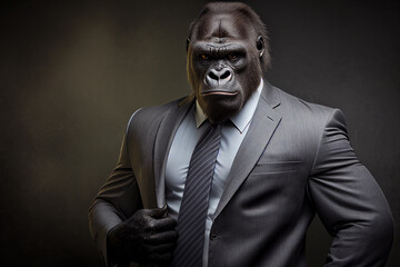 portrait of a gorilla in a business suit, a Gorilla dressed in a formal business suit,director of the company, Generative AI - obrazy, fototapety, plakaty
