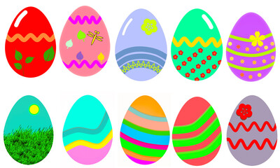 Easter eggs,set of vector colorful eggs. Easter design. Easter eggs Isolated on white background ,ten easter eggs