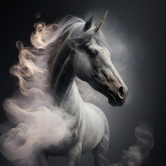 Obraz na płótnie Canvas Unicorn in smoke. Unicorn with smoke on a dark background. Mythical creature. Generative AI.