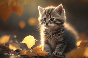 Naklejka na ściany i meble Little angora kitten on the autumn yellow leaves, Generative AI