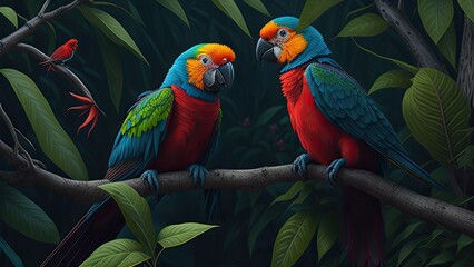 Illustration of a tropical rainforest with parrots