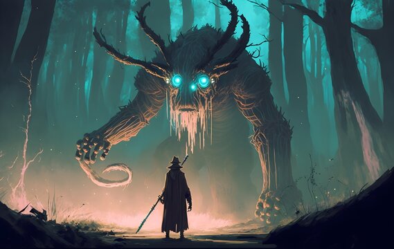 young wizard with magic staff and giant creature looking at each other in the forest, digital art style, illustration painting, Generative AI