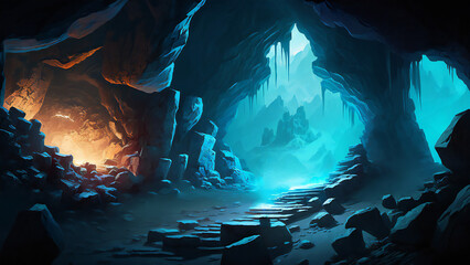 Fototapeta na wymiar Fantasy world, cave, game background, RPG, digital illustration, AI generated