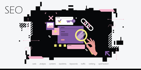 Seo search engine optimization background banner. vector icon of website optimization, marketing optimization, search optimization.