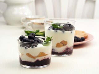 Dessert tiramisu of mascarpone or ricotta or yogurt, blueberries and savoiardi in a glass