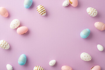 Fototapeta na wymiar Easter celebration concept. Top view photo of blue pink white and gold easter eggs on isolated pastel violet background with copyspace in the middle