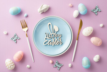 Easter celebration concept. Top view photo of blue plate with inscription happy easter cutlery pink white blue eggs ceramic easter bunny and butterflies on isolated lilac background