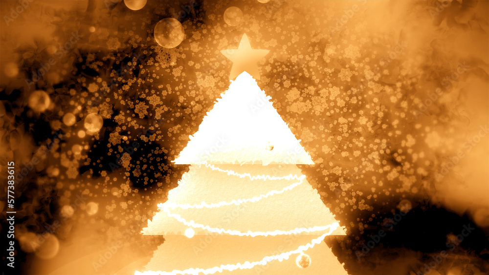 Poster blue and orange background with an elegant christmas tree. motion. a small colored spruce tree with 