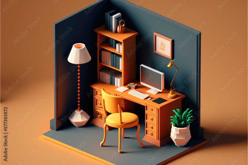 Poster working space with computer, bookshelf, lamp and potted plants. 3d rendering