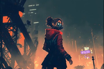 woman with futuristic mask standing in the cyberpunk city, digital art style, illustration painting, Generative AI
