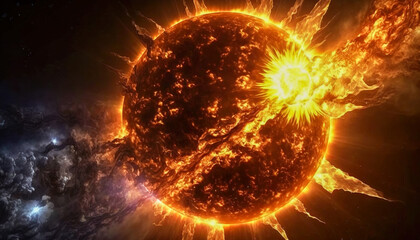 Sun Explosive Energy with Fire and Flares in Space, Generative AI - obrazy, fototapety, plakaty