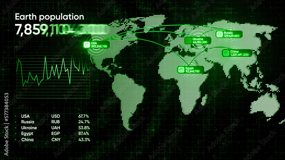 Poster graphical statistics of earth's population. motion. holographic presentation with statistics on grow