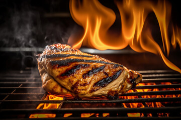 Chicken on a flaming grill. Close-up of a juicy seared piece of meat lying on a grill. In the background the flames of fire. Food style photography in natural light, golden hour. Generative AI. - obrazy, fototapety, plakaty