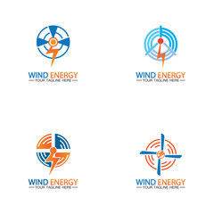 Wind energy logo. renewable energy icon with wind turbines and thunder bolt isolated on white background
