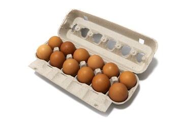 An egg carton container, with a dozen brown eggs. Isolated on a white background. Eco products concept.