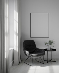 White wall with empty picture frame and armchair. 3d rendering of interior living room background.