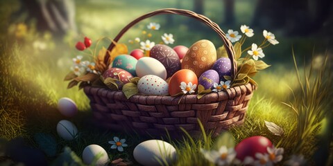 Fototapeta na wymiar Easter basket with eggs and flowers, generative ai