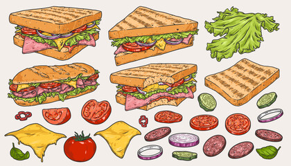 Sandwich ham logotypes set colorful