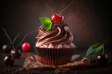 Chocolate cupcake with cream on top and a cherry. Sweet dessert for a celebration, a holiday in a dark moody background. Advertising illustration. Diet cookie. Food style photography. Generative AI.