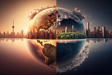 Conceptual of climate change and global warming with melting icebergs, rising sea levels, and extreme weather events. Generative AI