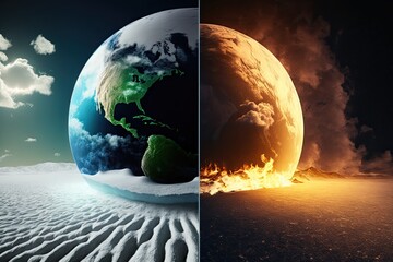 Conceptual of climate change and global warming with melting icebergs, rising sea levels, and extreme weather events. Generative AI