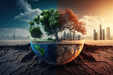 Conceptual of climate change and global warming with melting icebergs, rising sea levels, and extreme weather events. Generative AI