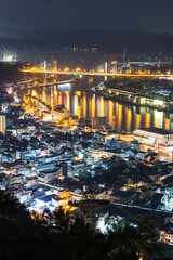 日本　広島県尾道市の千光寺頂上展望台から見える尾道水道と尾道大橋と尾道の夜景