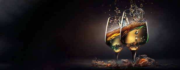 Fototapeta na wymiar Slender glasses of champagne on a dark background. Pouring, splashing alcohol into the glass. New year holiday, birthday or party. Dynamic illustration. Food style photography. Generative AI.