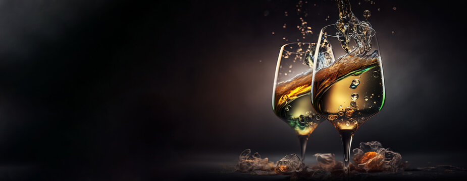 Slender glasses of champagne on a dark background. Pouring, splashing alcohol into the glass. New year holiday, birthday or party. Dynamic illustration. Food style photography. Generative AI.