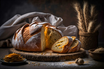 A loaf of bread laid out on wooden board. Healthy and fresh sourdough food. In the background, ears of wheat and linen white material. Sliced slices, flour and spices. Food style photo. Generative AI.