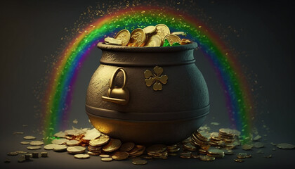 Pot of luck with coins, shamrocks and clovers, St. Patrick's Day, Generative AI	
