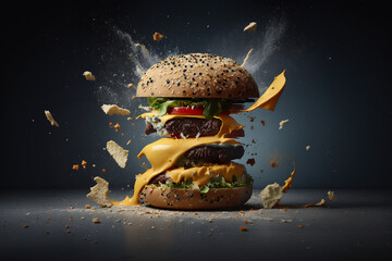Deconstruction of a cheeseburger, Burger explosion, Generative AI
