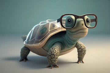 cartoon turtle in large transparent glasses on a light background. Realistic turtle crawling on the floor, cute children's illustration