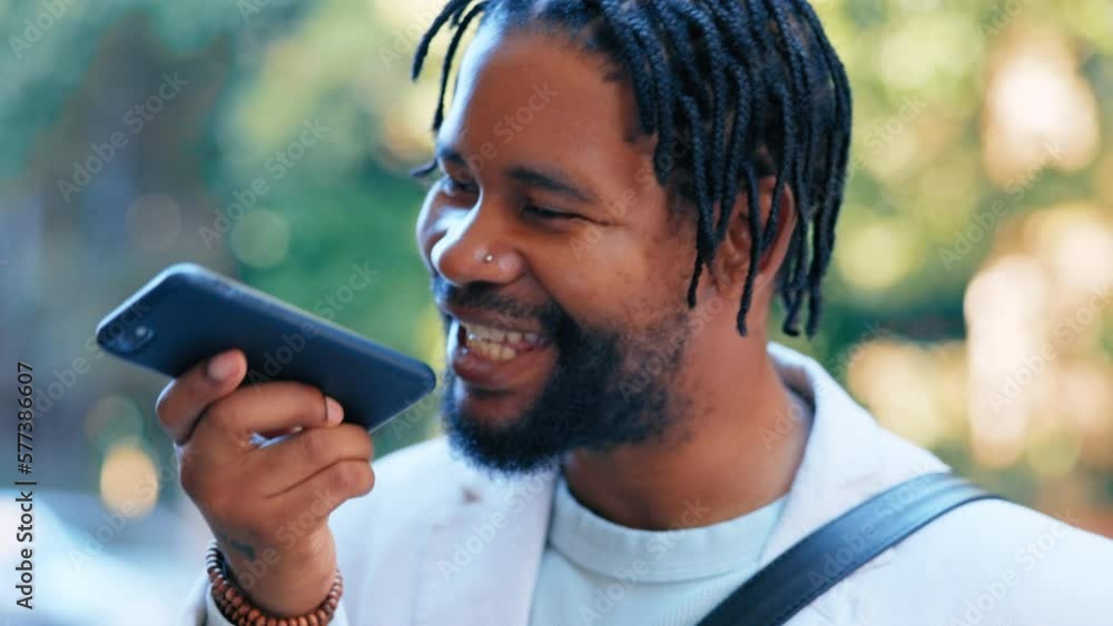 Poster talking, call and black man with a phone for a message, conversation and communication in the city. 