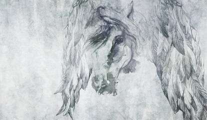 Horse with wings on the wall. Design for wallpaper, mural, wall decoration, poster. © lucja_lusilas.pl